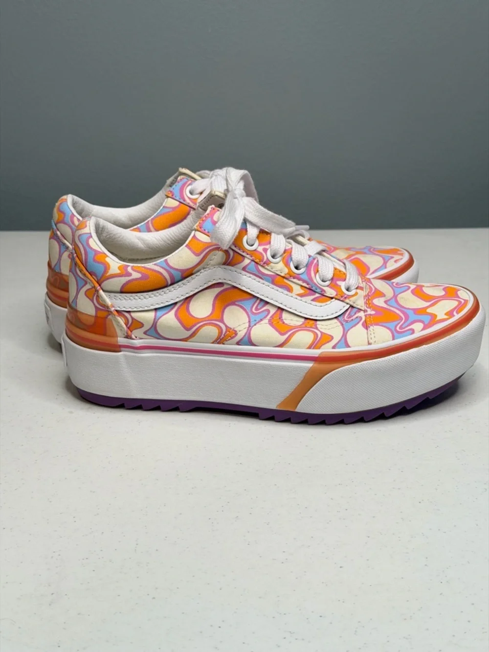 Vans Platform Lace-Up Sneakers in Orange, Pink, Cream Swirl